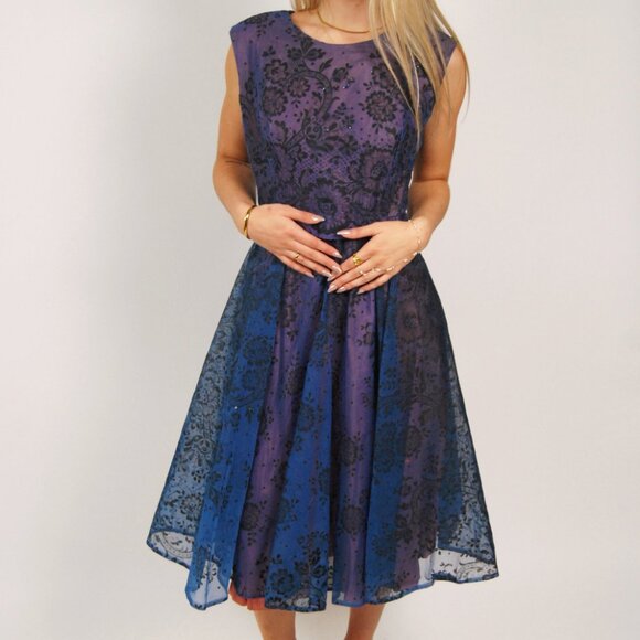 50s Sparkly Swing Dress (L) large navy blue glitter floral formal prom vintage - Picture 2 of 9